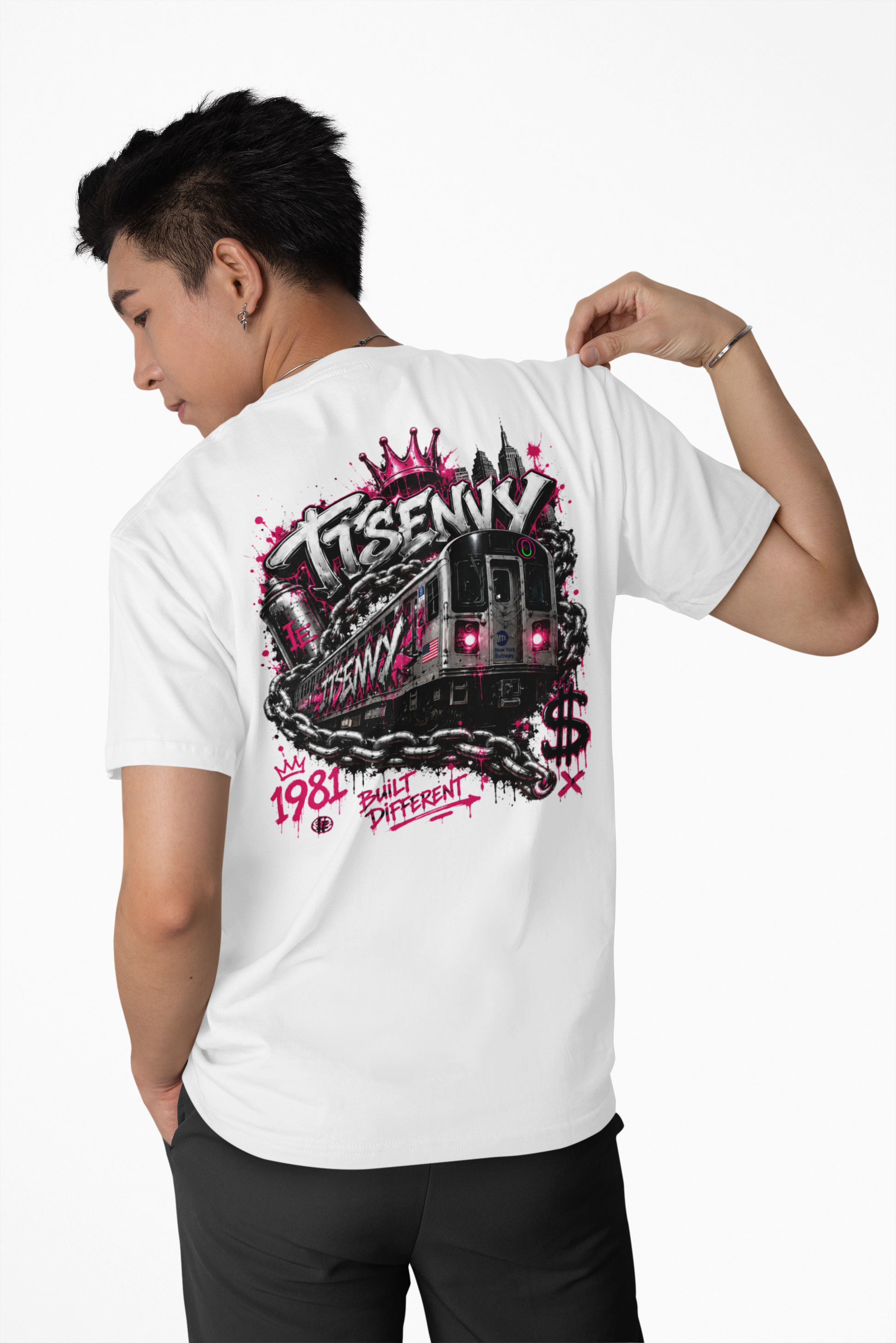 Man wearing white Built Different graphic tee by It's Envy, back view