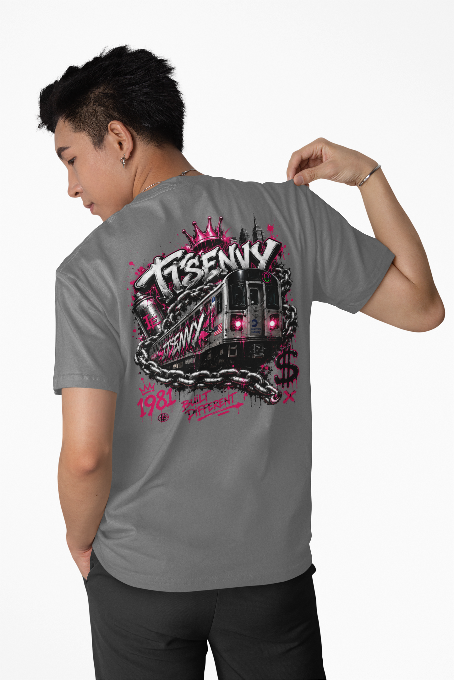 Man wearing grey Built Different graphic tee by It's Envy, back view