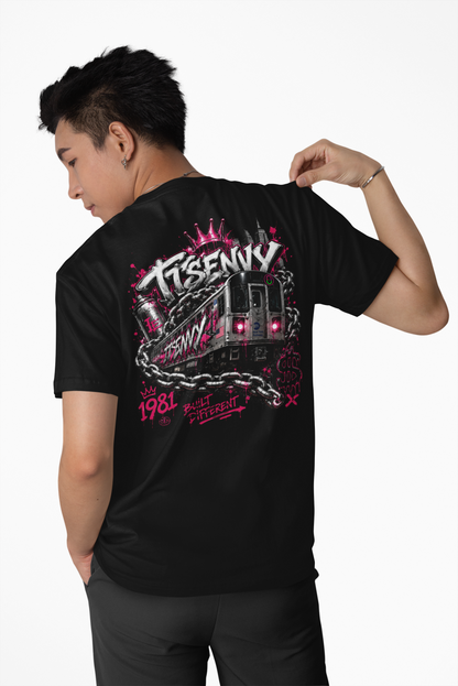 Man wearing black Built Different graphic tee by It's Envy, back view