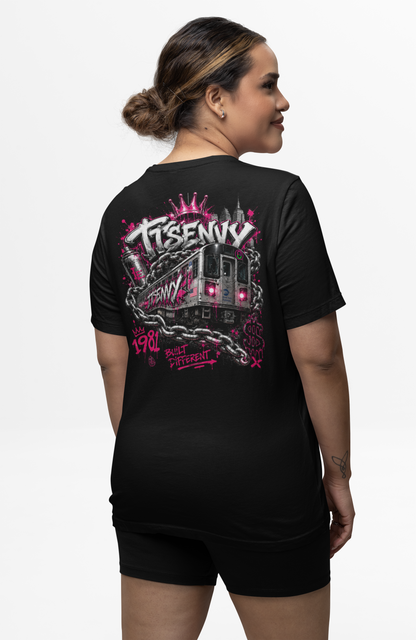 Woman wearing black Built Different graphic tee by It's Envy, back view