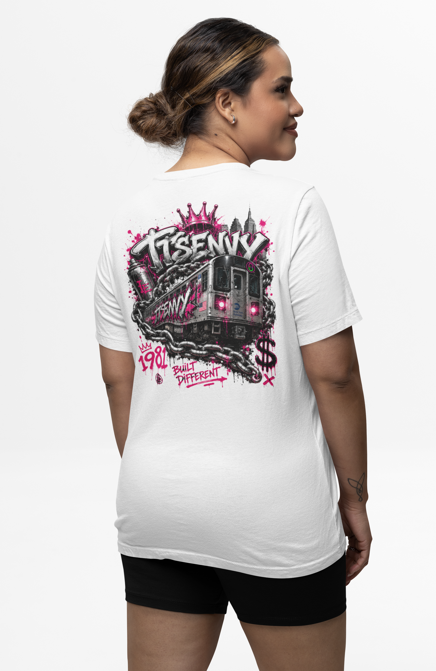 Woman wearing white Built Different graphic tee by It's Envy, back view