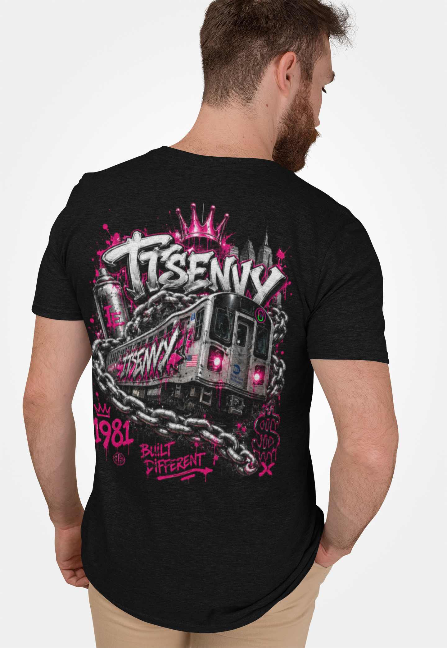 Man wearing black heather Built Different graphic tee by It's Envy, back view