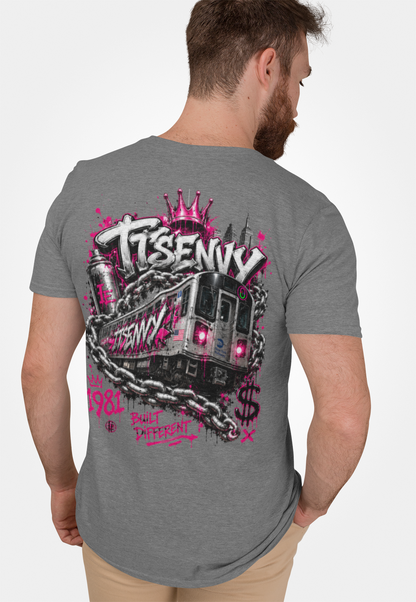 Man wearing grey heather Built Different graphic tee by It's Envy, back view
