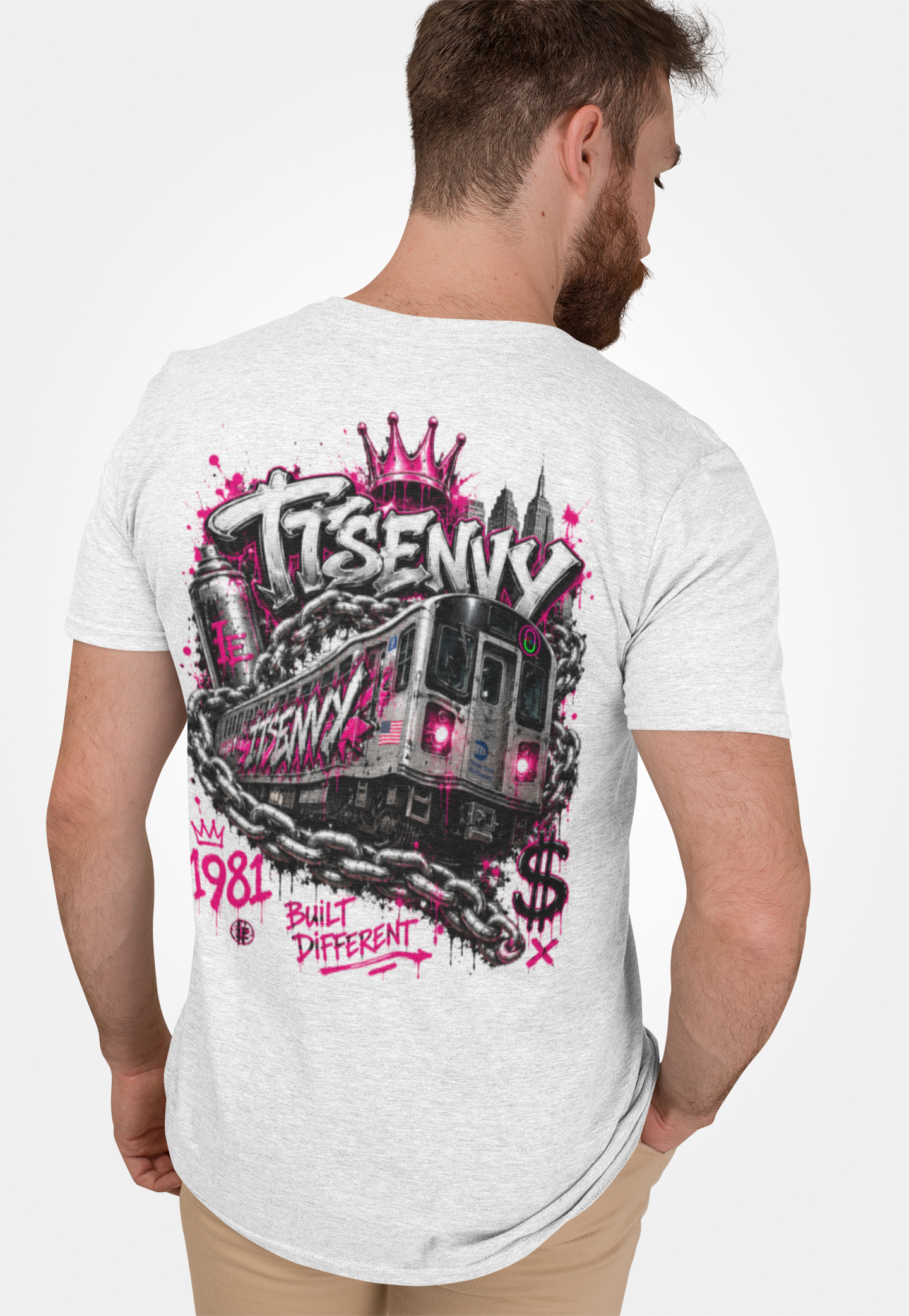 Man wearing white heather Built Different graphic tee by It's Envy, back view